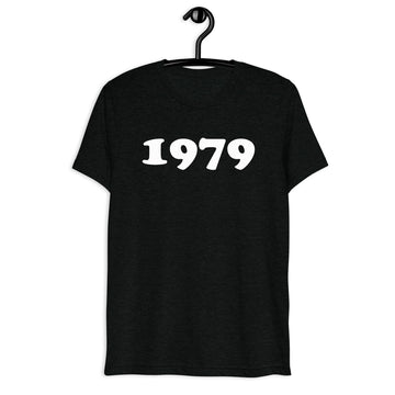 Front hanger view of black tri-blend 1979 Retro Year T-Shirt