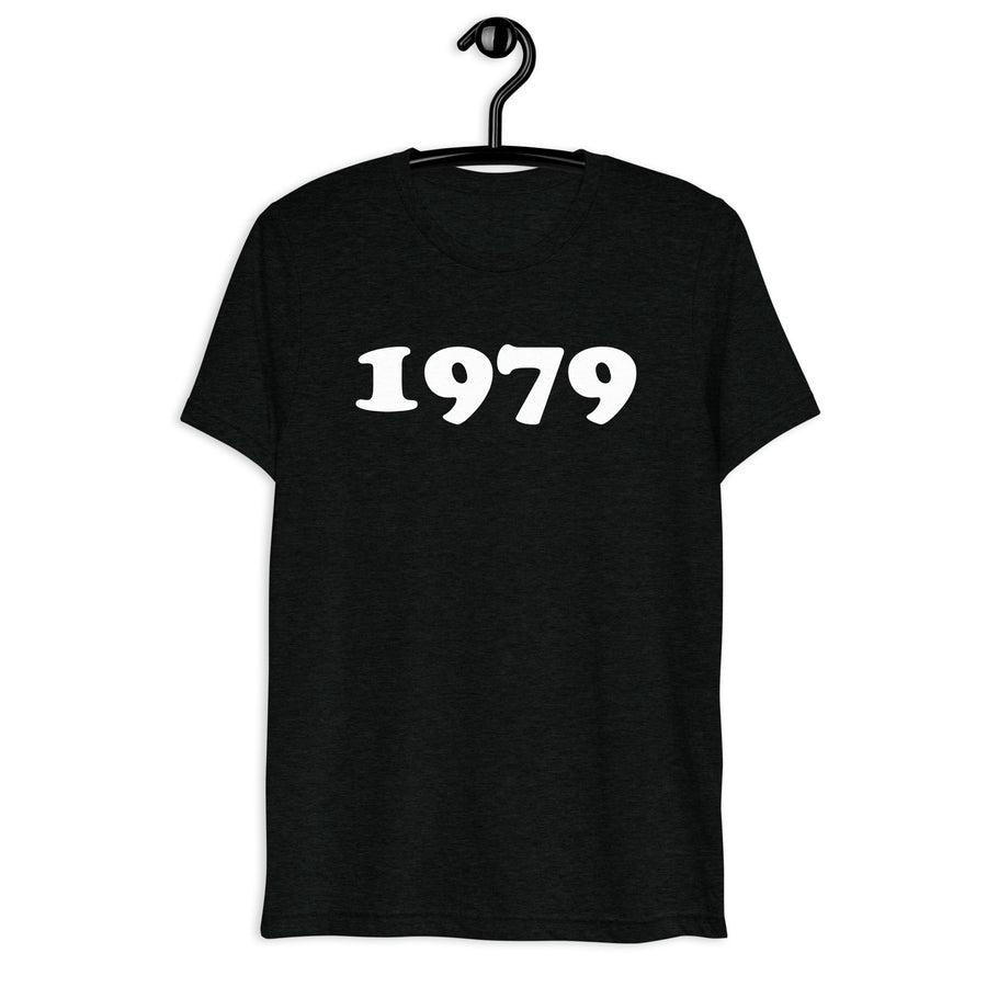 Front hanger view of black tri-blend 1979 Retro Year T-Shirt