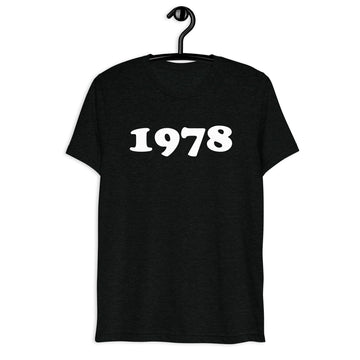 Front hanger view of black tri-blend 1978 Retro Year T-Shirt