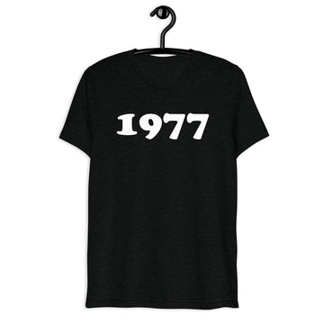 Front hanger view of black tri-blend 1977 Retro Year T-Shirt