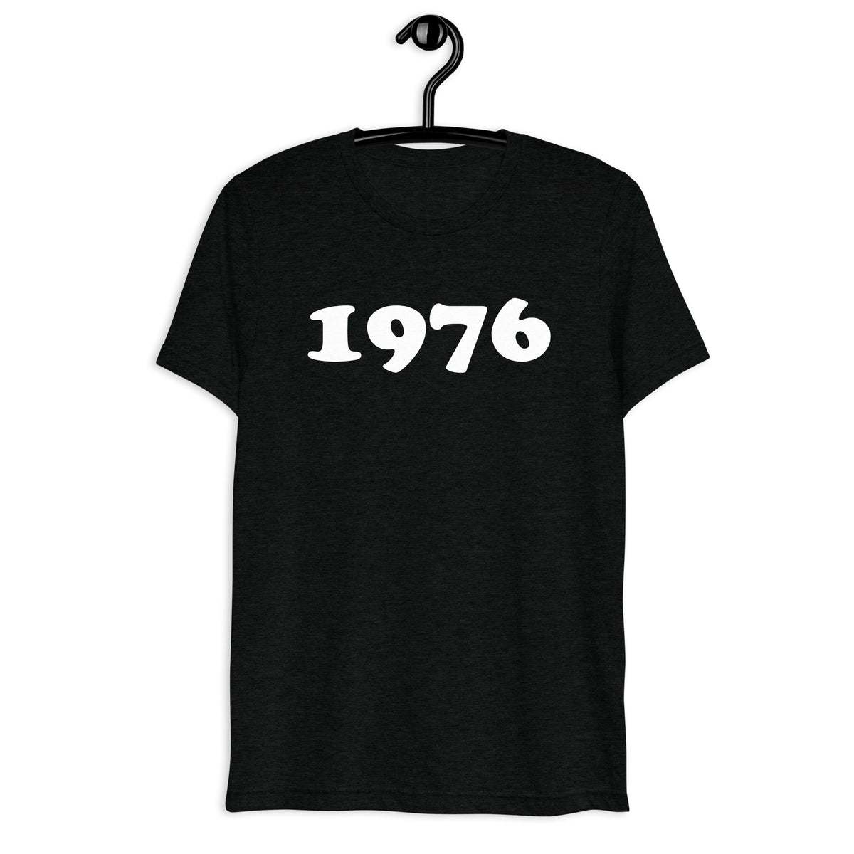 Front hanger view of black tri-blend 1976 Retro Year T-Shirt