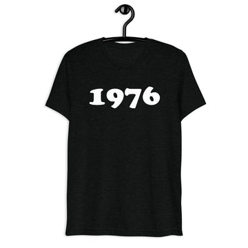 Front hanger view of black tri-blend 1976 Retro Year T-Shirt