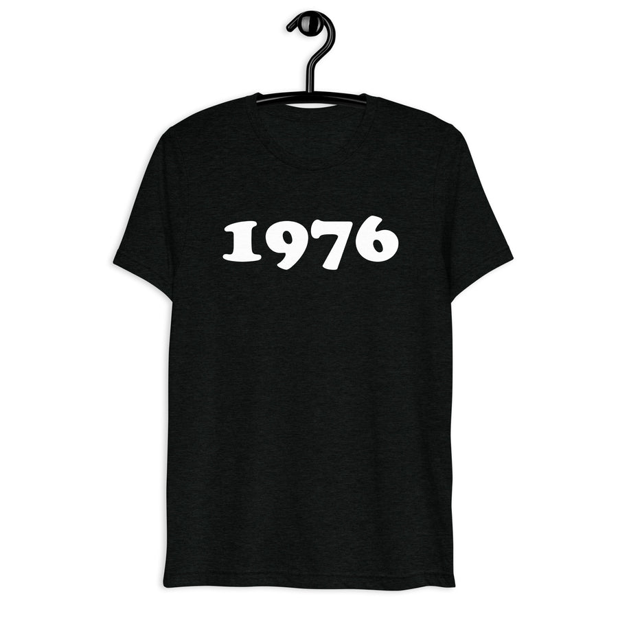 Front hanger view of black tri-blend 1976 Retro Year T-Shirt