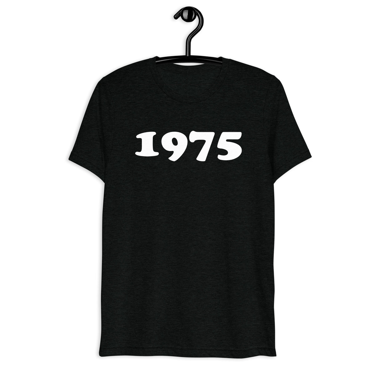 Front hanger view of black tri-blend 1975 Retro Year T-Shirt