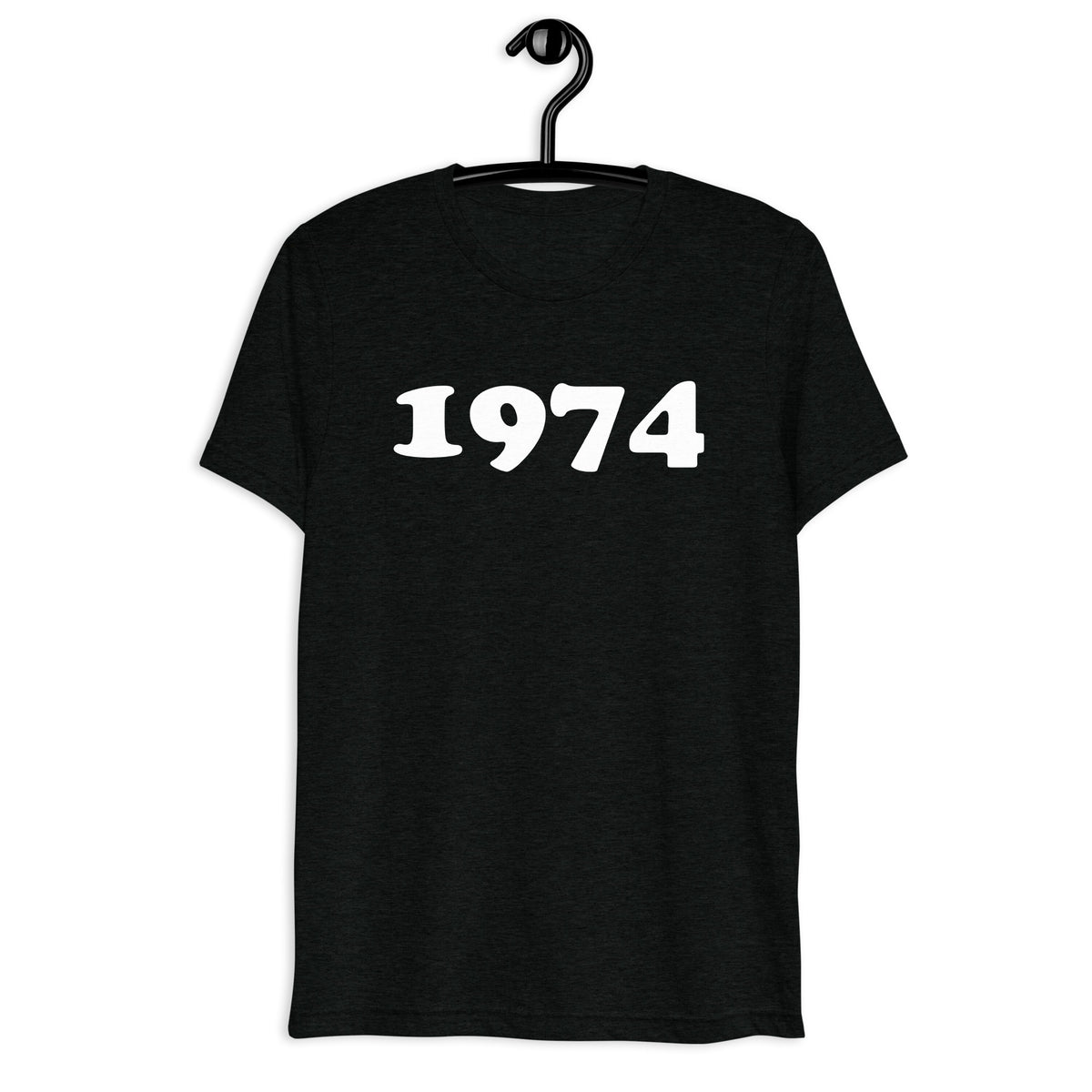 Front hanger view of black tri-blend 1974 Retro Year T-Shirt