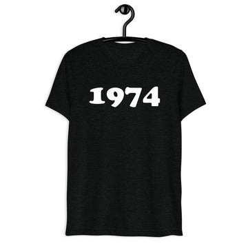 Front hanger view of black tri-blend 1974 Retro Year T-Shirt