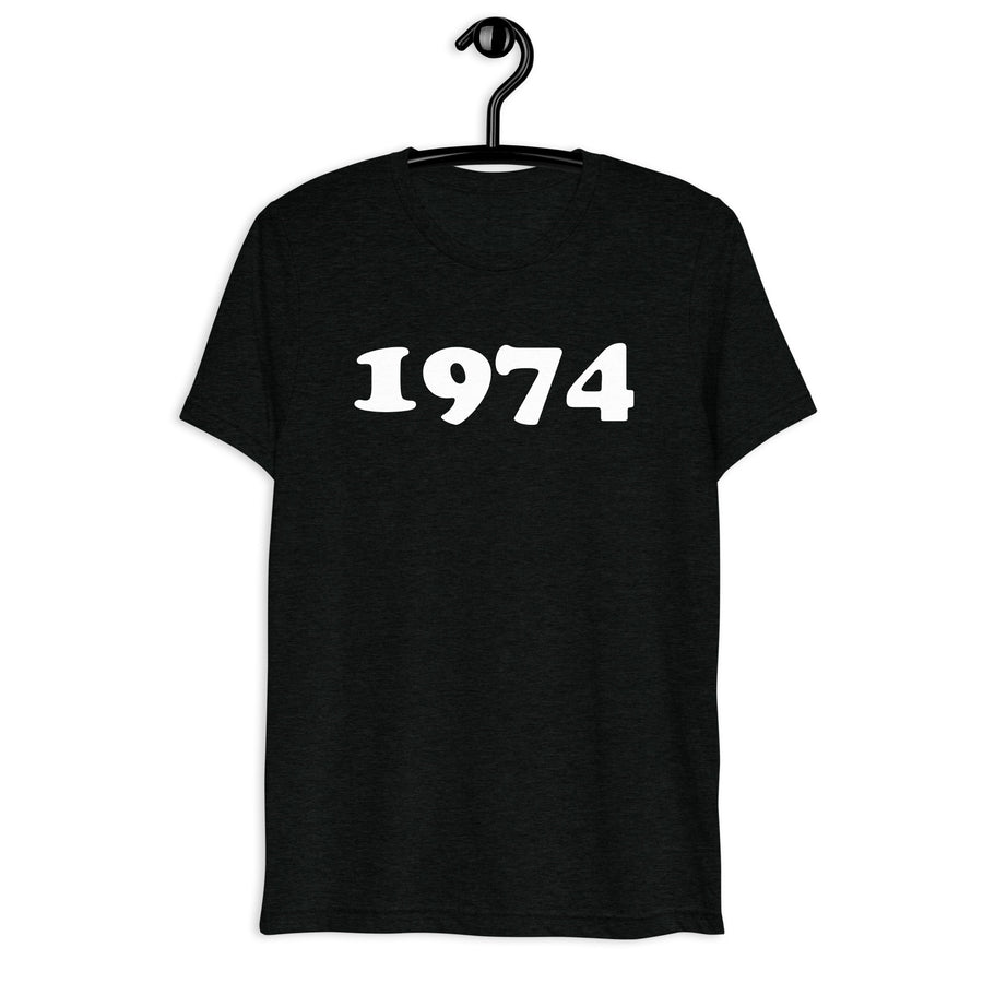 Front hanger view of black tri-blend 1974 Retro Year T-Shirt