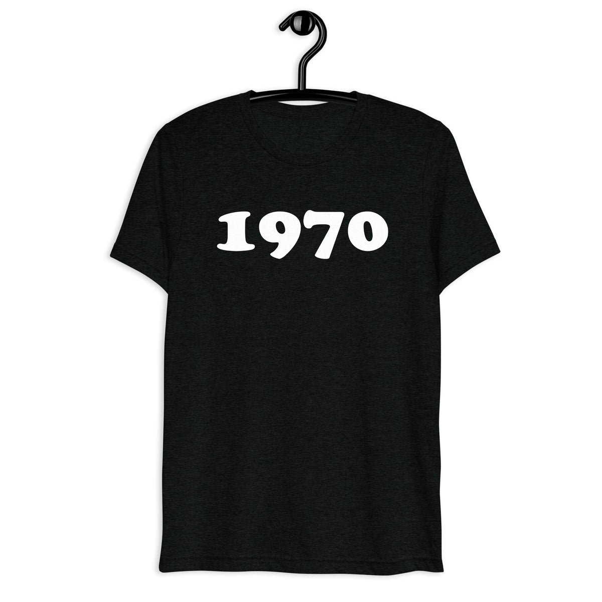 Front hanger view of black tri-blend 1970 Retro Year T-Shirt