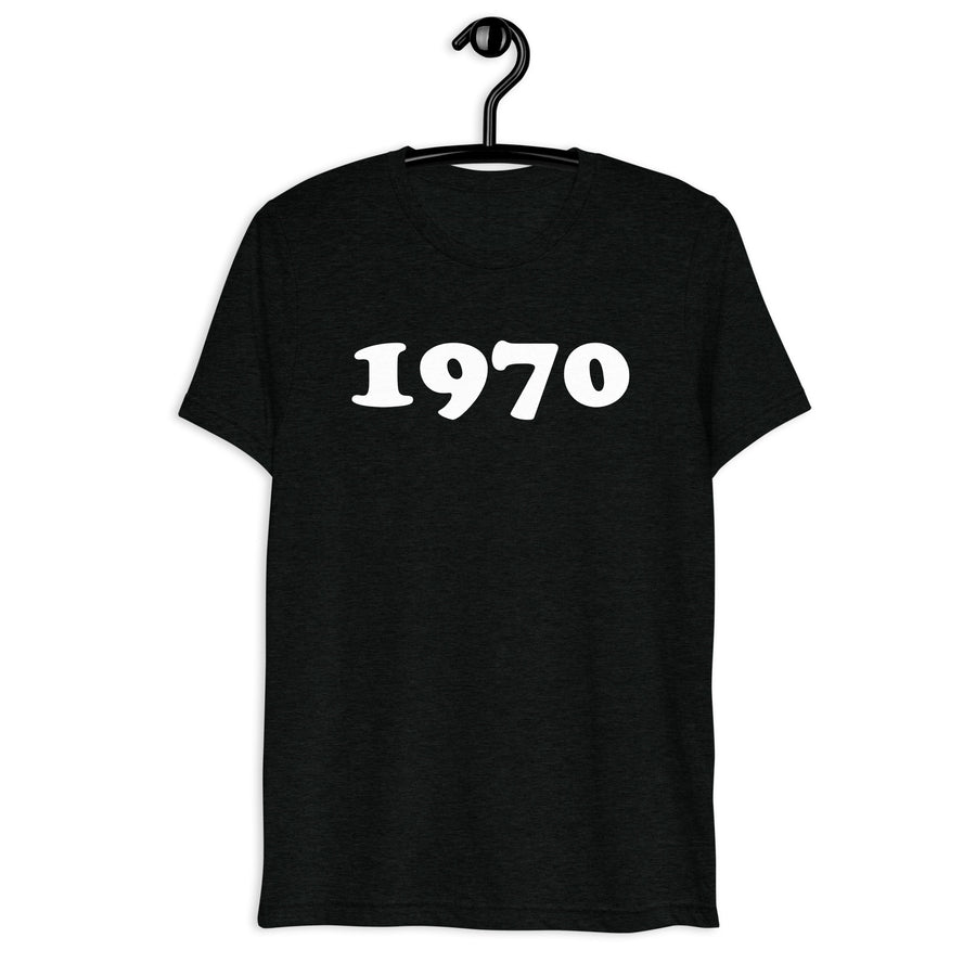Front hanger view of black tri-blend 1970 Retro Year T-Shirt