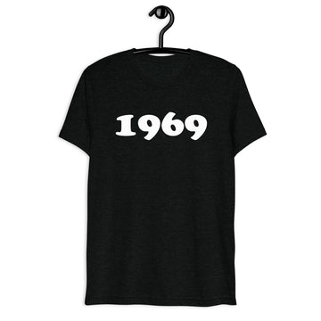 Front hanger view of black tri-blend 1969 Retro Year T-Shirt