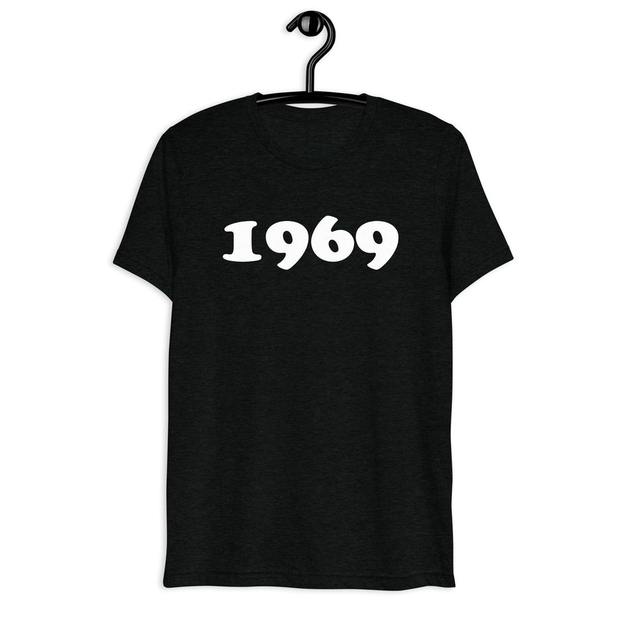 Front hanger view of black tri-blend 1969 Retro Year T-Shirt