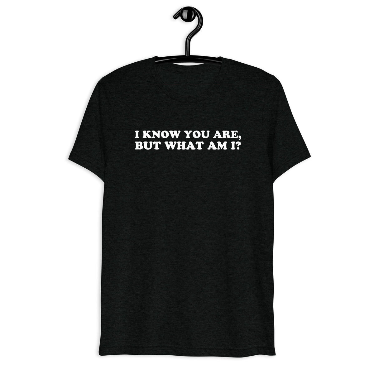 Front hanger view of black tri-blend quote shirt reading I Know You Are, but What Am I?