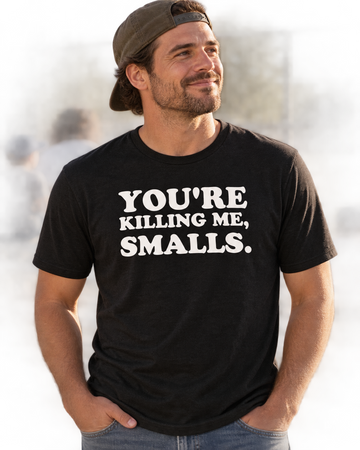 AI lifestyle visualization: person wearing a black tri-blend You're Killing Me, Smalls quote T-shirt at a baseball field